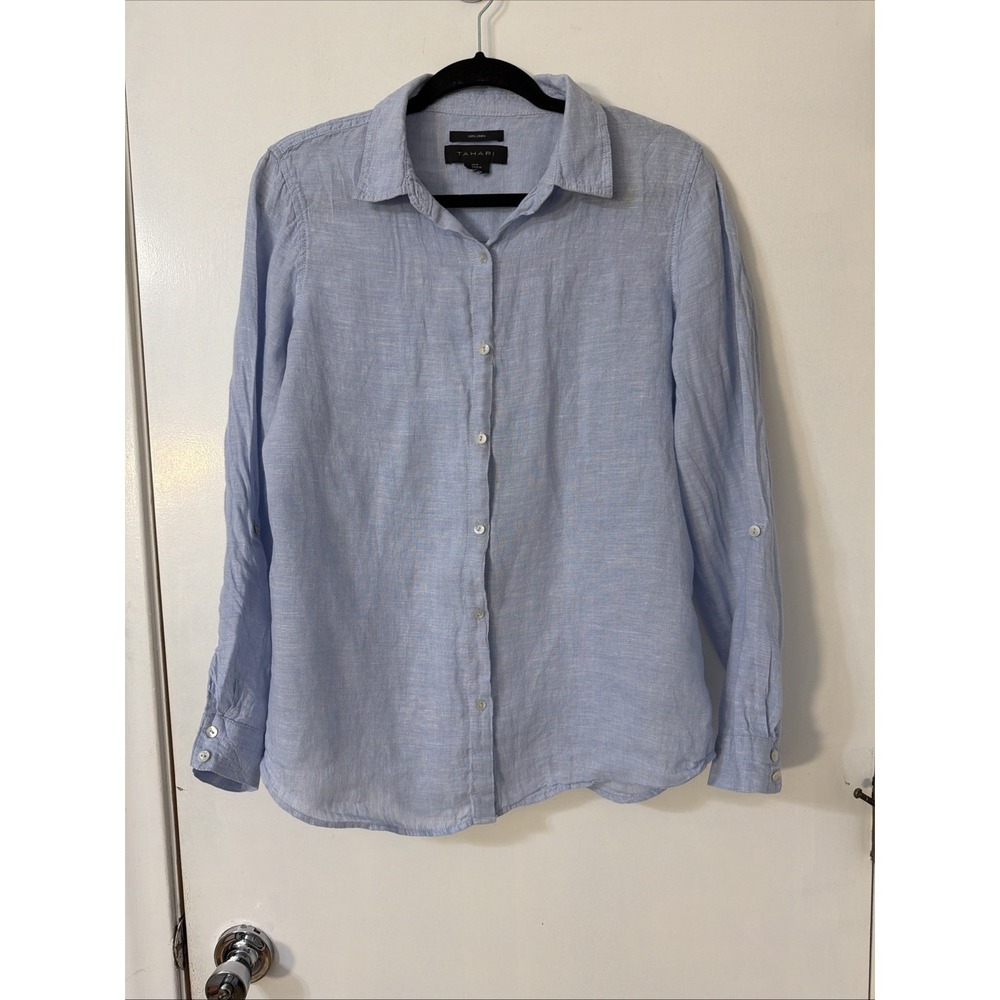 TAHARI Womens M Blue‎ Button-Up 100% Linen Long-Sleeve Roll Tab Shirt